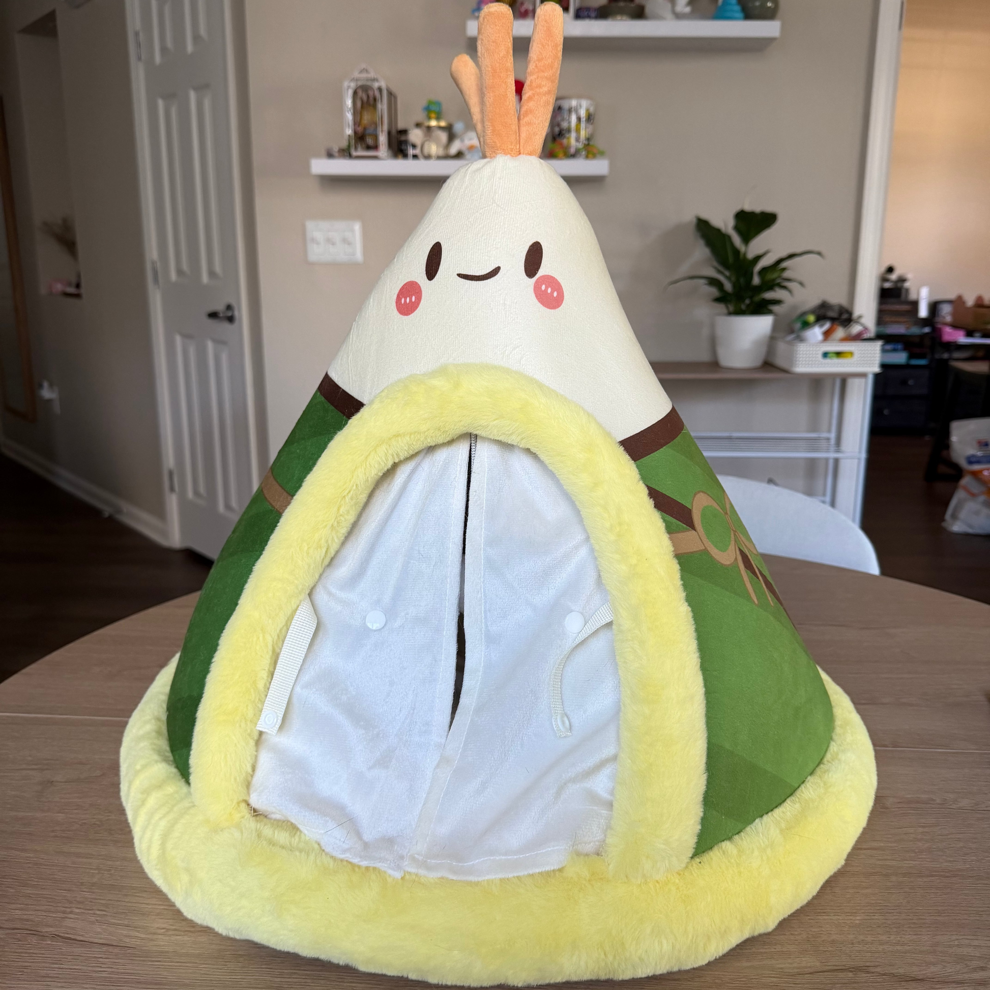 Green onion cone-shaped cat tent on a wooden table